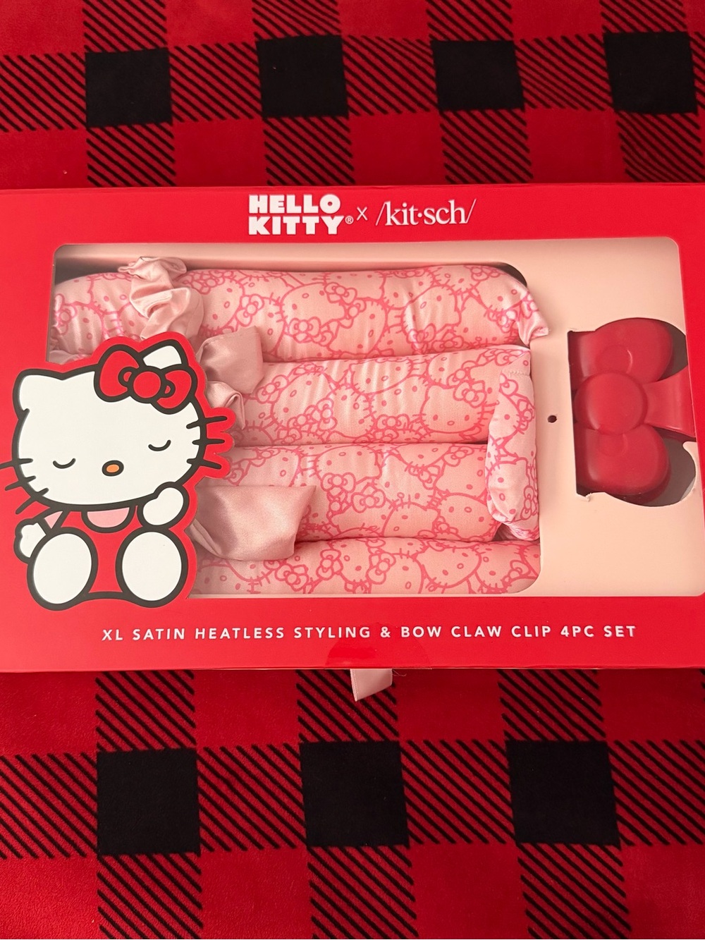 Kitsch Hello Kitty Pink Satin Heatless Styling Rollers with Red Bow Clip